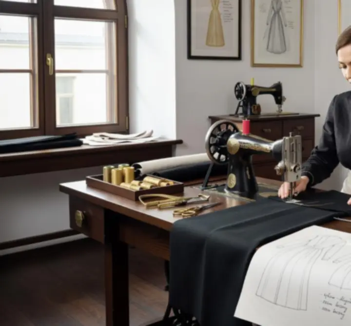 Polskie atelier modowe z projektami i tkaninami w eleganckim wnętrzu