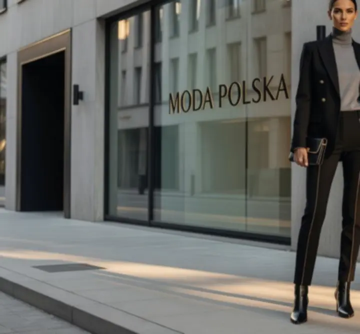 Modelka w eleganckiej stylizacji polskiej marki modowej na ciemnym, editorialowym tle