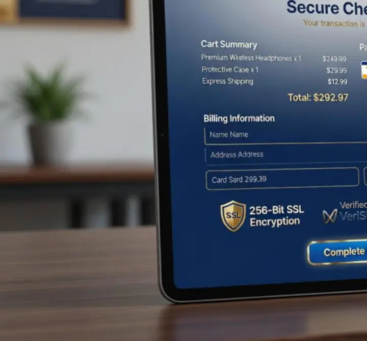 Wizualizacja bezpiecznego procesu płatności w sklepie internetowym.