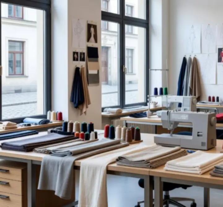 Kreatywne studio projektowe FashionShopp z manekinami, wzornikami tkanin i stanowiskami do projektowania w Polsce